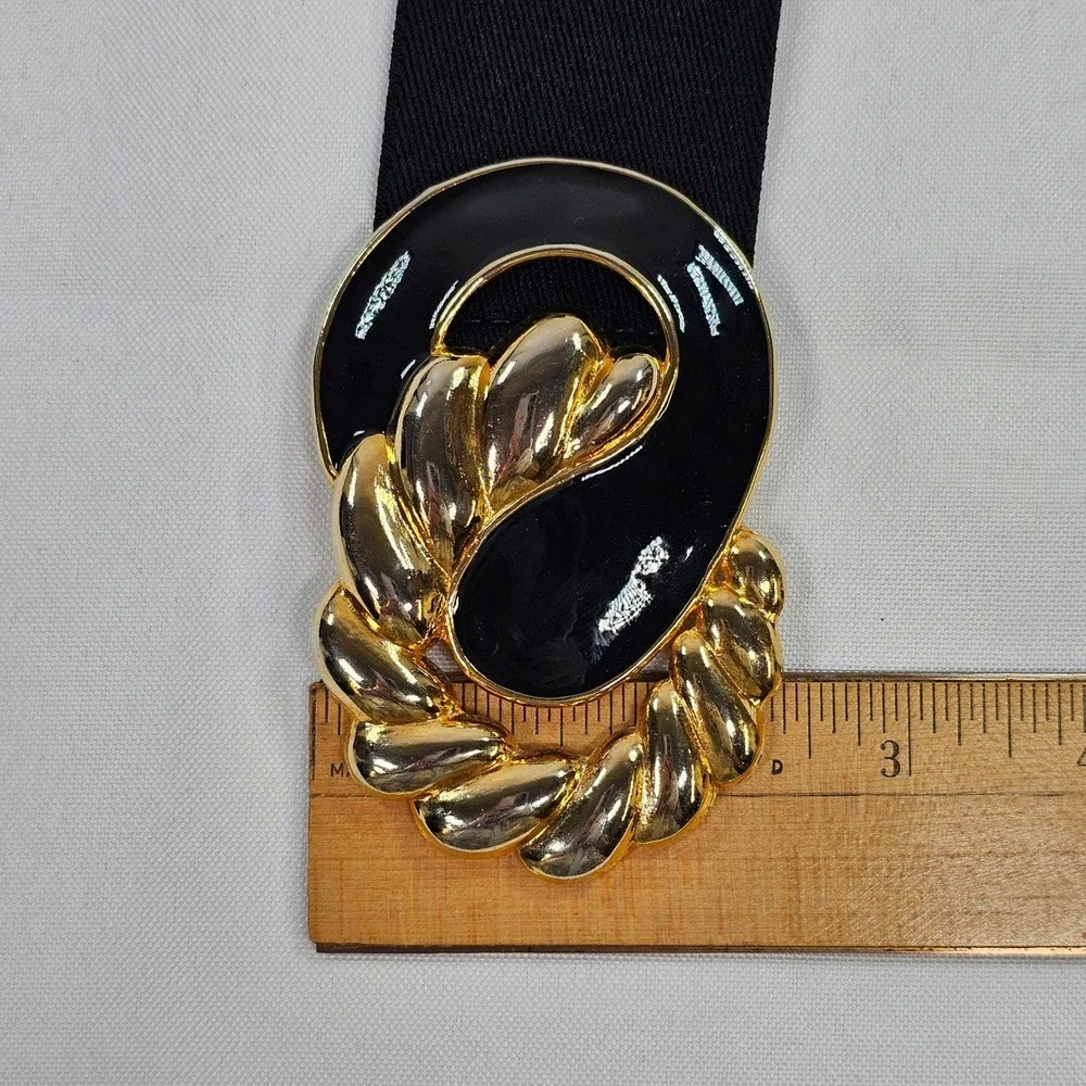Vintage Black Enamel Gold Tone Twisted Rope Buckle Elastic Cinch Waist Belt